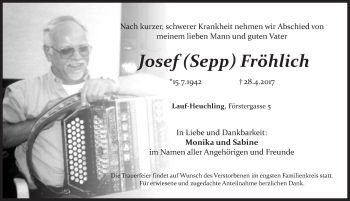 Traueranzeige von Josef Fröhlich von Pegnitz-Zeitung