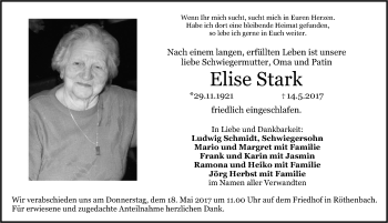 Traueranzeige von Elise Stark von Pegnitz-Zeitung
