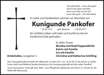 Traueranzeige von Kunigunde Pankofer von Hersbrucker Zeitung