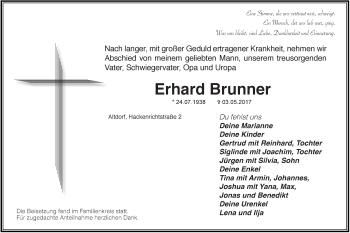 Traueranzeige von Erhard Brunner von Der Bote