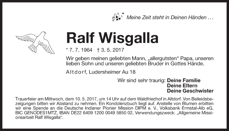  Traueranzeige für Ralf Wisgalla vom 08.05.2017 aus Der Bote