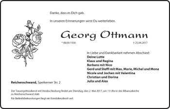 Traueranzeige von Georg Ottmann von Hersbrucker Zeitung