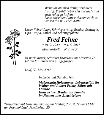 Traueranzeige von Fred Felme von Pegnitz-Zeitung
