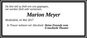 Traueranzeige von Marion Meyer von Hersbrucker Zeitung