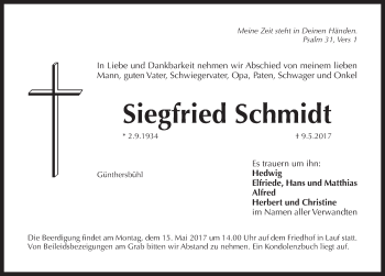 Traueranzeige von Siegfried Schmidt von Pegnitz-Zeitung