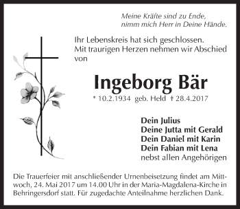 Traueranzeige von Ingeborg Bär von Pegnitz-Zeitung