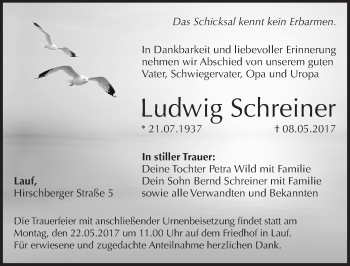 Traueranzeige von Ludwig Schreiner von Pegnitz-Zeitung