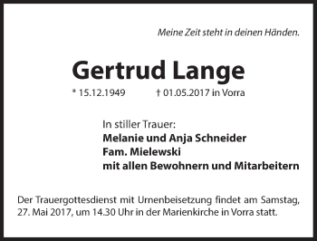 Traueranzeige von Gertrud Lange von Hersbrucker Zeitung