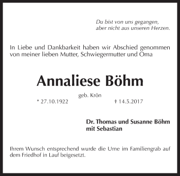 Traueranzeige von Annaliese Böhm von Pegnitz-Zeitung