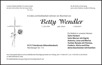 Traueranzeige von Betty Wendler von Hersbrucker Zeitung