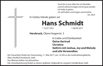 Traueranzeige von Hans Schmidt von Hersbrucker Zeitung
