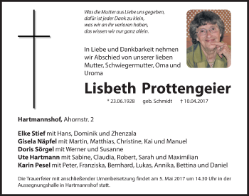 Traueranzeige von Lisbeth Prottengeier von Hersbrucker Zeitung