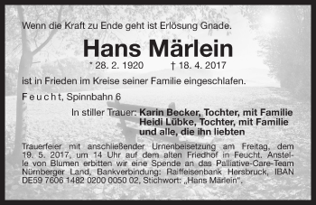 Traueranzeige von Hans Märlein von Der Bote