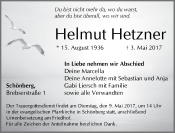 Traueranzeige von Helmut Hetzner von Pegnitz-Zeitung