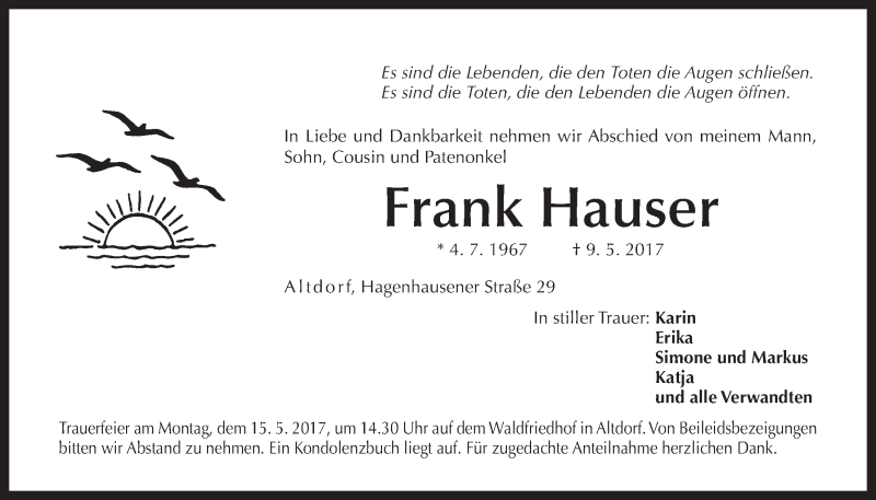  Traueranzeige für Frank Hauser vom 13.05.2017 aus Der Bote