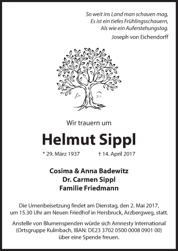 Traueranzeige von Helmut Sippl von Hersbrucker Zeitung
