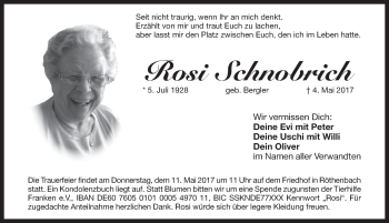 Traueranzeige von Rosi Schnobrich von Pegnitz-Zeitung