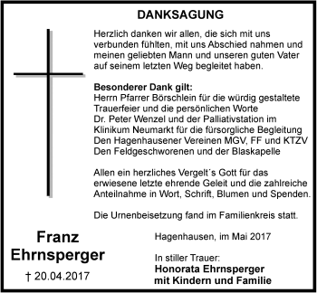 Traueranzeige von Franz Ehrnsperger von Der Bote