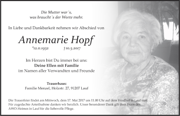 Traueranzeige von Annemarie Hopf von Pegnitz-Zeitung