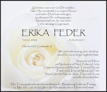 Traueranzeige von Erika Feder von Hersbrucker Zeitung