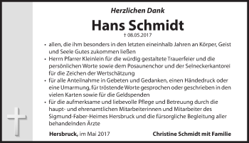 Traueranzeige von Hans Schmidt von Hersbrucker Zeitung
