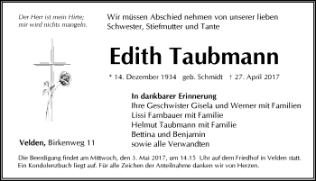 Traueranzeige von Edith Taubmann von Hersbrucker Zeitung