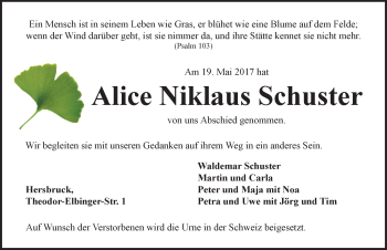 Traueranzeige von Alice Niklaus Schuster von Hersbrucker Zeitung