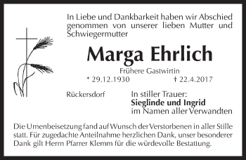 Traueranzeige von Marga Ehrlich von Pegnitz-Zeitung