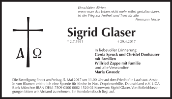 Traueranzeige von Sigrid Glaser von Pegnitz-Zeitung