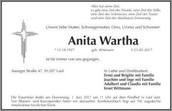 Traueranzeige von Anita Wartha von Pegnitz-Zeitung
