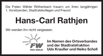 Traueranzeige von Hans-Carl Rathjen von Pegnitz-Zeitung