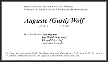 Traueranzeige von Auguste Wolf von Pegnitz-Zeitung