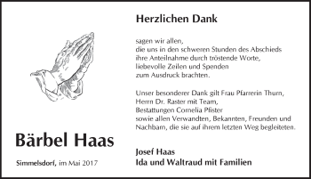 Traueranzeige von Bärbel Haas von Pegnitz-Zeitung