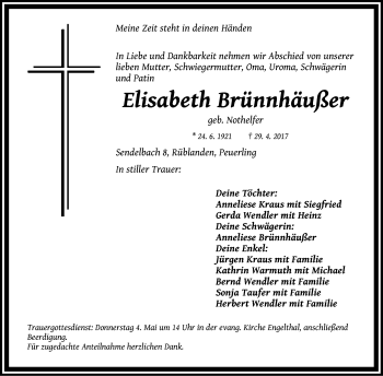 Traueranzeige von Elisabeth Brünnhäußer von Hersbrucker Zeitung