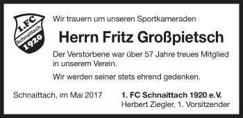 Traueranzeige von Fritz Großpietsch von Pegnitz-Zeitung
