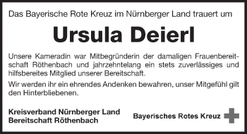 Traueranzeige von Ursula Deierl von Pegnitz-Zeitung