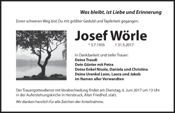 Traueranzeige von Josef Wörle von Hersbrucker Zeitung