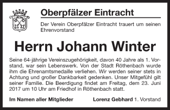 Traueranzeige von Johann Winter von Pegnitz-Zeitung