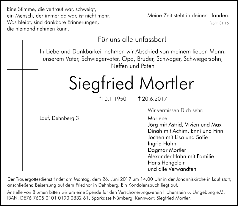  Traueranzeige für Siegfried Mortler vom 24.06.2017 aus Pegnitz-Zeitung