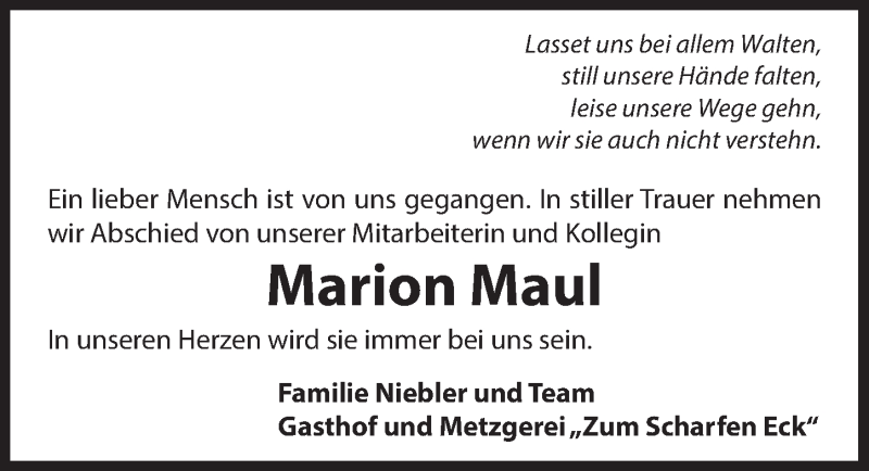  Traueranzeige für Marion Maul vom 28.06.2017 aus Hersbrucker Zeitung