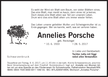 Traueranzeige von Annelies Porsche von Der Bote