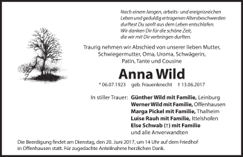 Traueranzeige von Anna Wild von Hersbrucker Zeitung