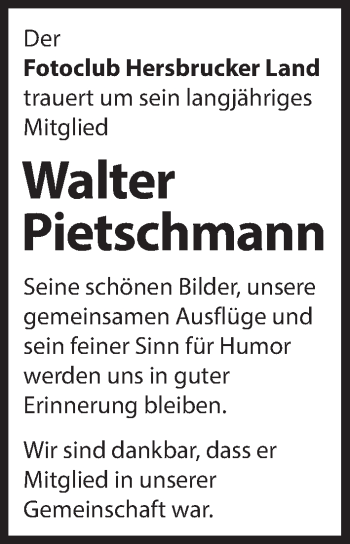 Traueranzeige von Walter Pietschmann von Hersbrucker Zeitung