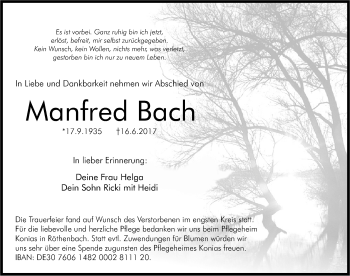 Traueranzeige von Manfred Bach von Pegnitz-Zeitung