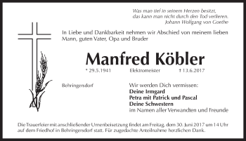 Traueranzeige von Manfred Köbler von Pegnitz-Zeitung