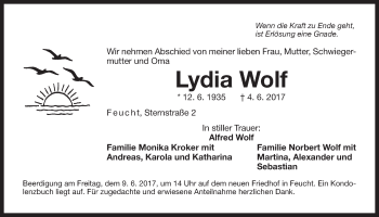 Traueranzeige von Lydia Wolf von Der Bote