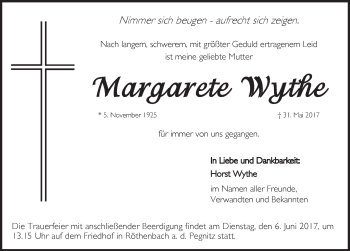 Traueranzeige von Margarete Wythe von Pegnitz-Zeitung