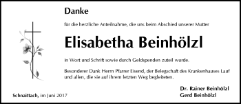 Traueranzeige von Elisabetha Beinhölzl von Pegnitz-Zeitung