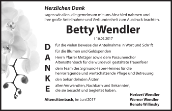 Traueranzeige von Betty Wendler von Hersbrucker Zeitung