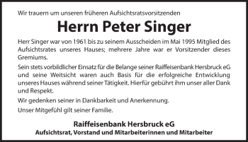 Traueranzeige von Peter Singer von Hersbrucker Zeitung